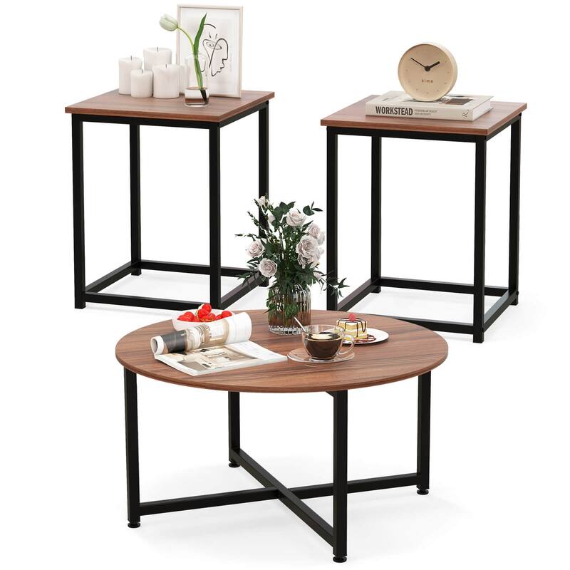 Costway 3 PCS Coffee Table Set Round Coffee Table and 2PCS Square End - See Details