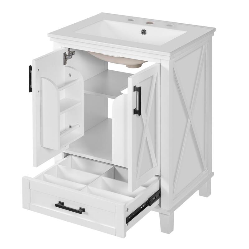 24" Bathroom Vanity with Single Sink, 2 Soft-Close Doors, 1 Divided Drawer, Dual Storage Shelves