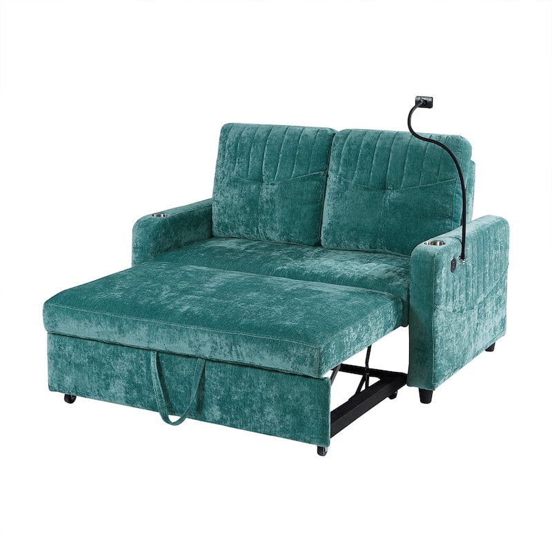 53.9" Chenille Convertible Loveseat with Pull-Out Bed, 3 USB Ports, and Smart Storage