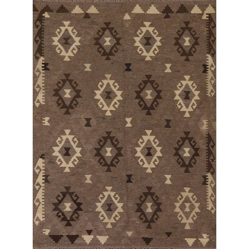 Hand Woven Oriental 100% Wool Carpet Southwestern Geometric Brown Kilim Area Rug - 6' 4'' X 5' 0''
