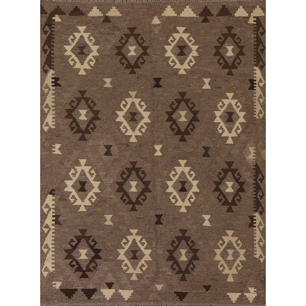 Hand Woven Oriental 100% Wool Carpet Southwestern Geometric Brown Kilim Area Rug - 6' 4'' X 5' 0''
