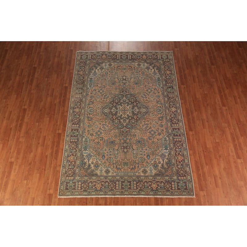 Handmade Tabriz Persian Vintage Area Orange Wool Carpet - 6'7" x 9'9"