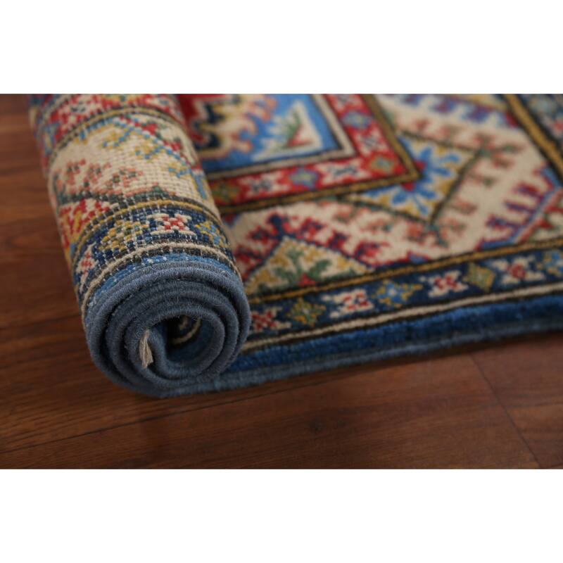 Geometric Blue Kazak Oriental Accent Rug Hand-Knotted Wool Carpet - 2'1"x 2'10"