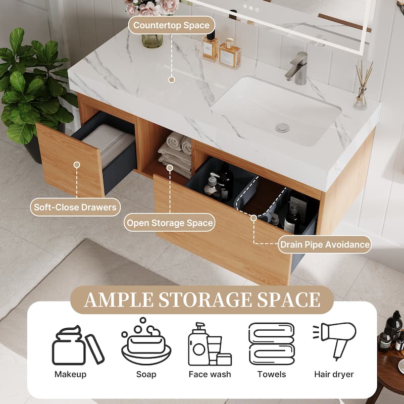 48" Mid Century Single Bathroom faux marble Vanity with Top, Solid Wood, Floating Vanities for Bathroom - 47.6" x 19.6"