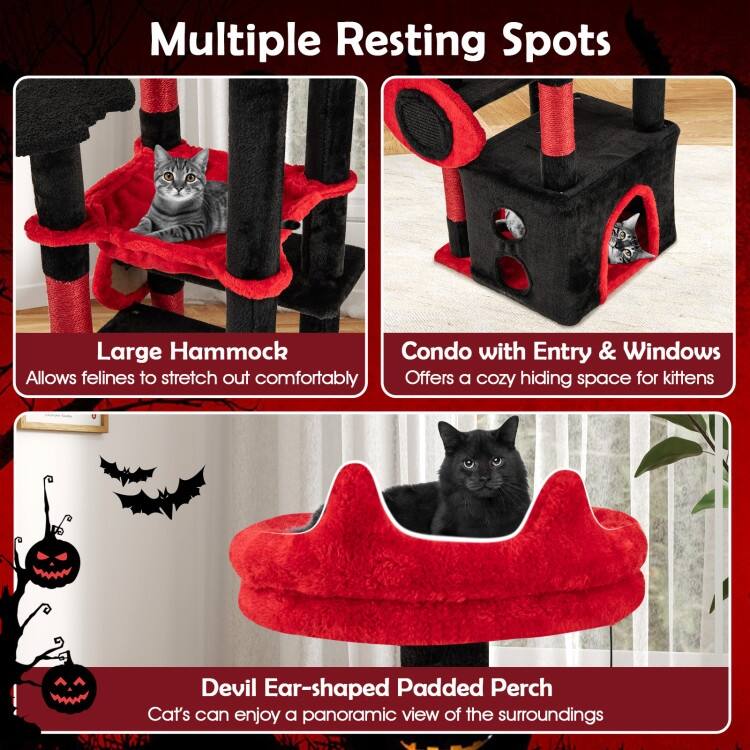 Black and Red Gothic Cat Tree Tower with Condo Perch Hammock and Scratching Posts - 52"