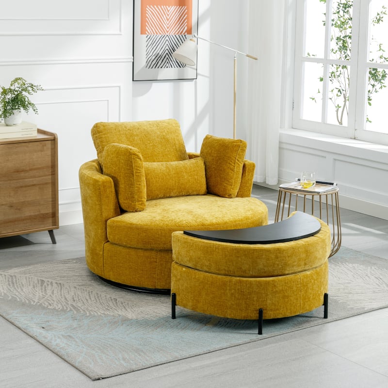 42.2"W Swivel Accent Barrel Chair with Half Crescent Moon Storage Bench