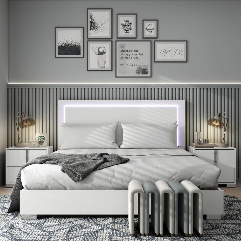 Furniture of America Erina Modern Glossy Panel Bed with LED Light Headboard