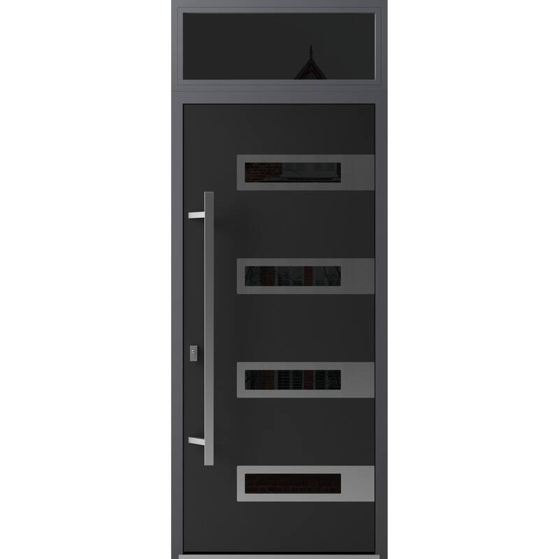 Front Exterior Prehung Steel Door Ronex 0131 Black Enamel Stainless Inserts Entry Metal Painted W36xH80 Left hand Inswing - Black - 36 x 96