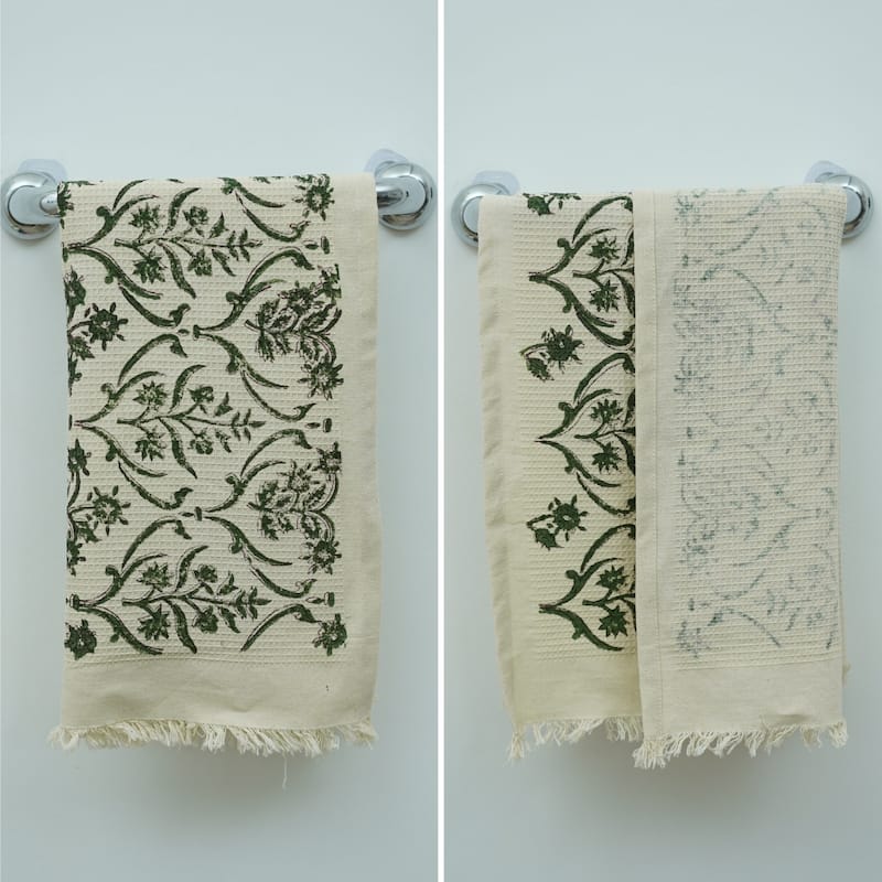 Fabdivine Honeycomb or Waffle Weave Hand Block Floral Print Hand Towel, Kitchen Gift Use