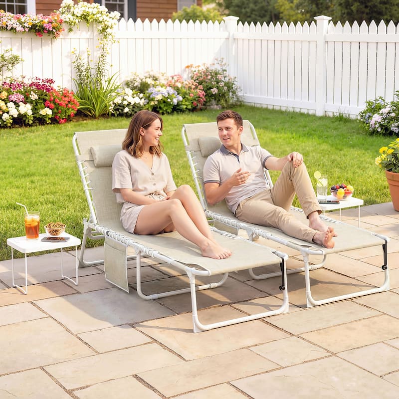 Outsunny Tanning Chair Set of 2 with Face Hole, Side Table, 5-Position Reclining Folding Chaise Lounge Chair - Beige