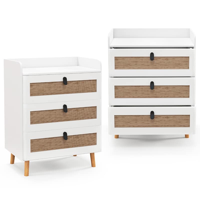 Gymax 2PCS Modern Nightstand End Bedside Table w/ 3 Rattan Drawers &