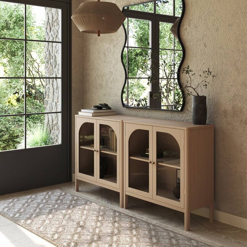 Nathan James Mason Sideboard Buffet with Glass Doors and Adjustable Shelves - Set of 2 - Raw Oak