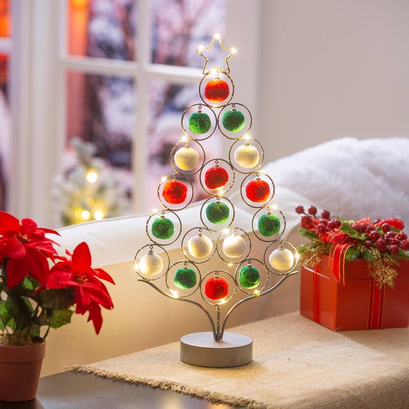 LED 16" Metal Tree with Pom Pom Ornaments Table Decor