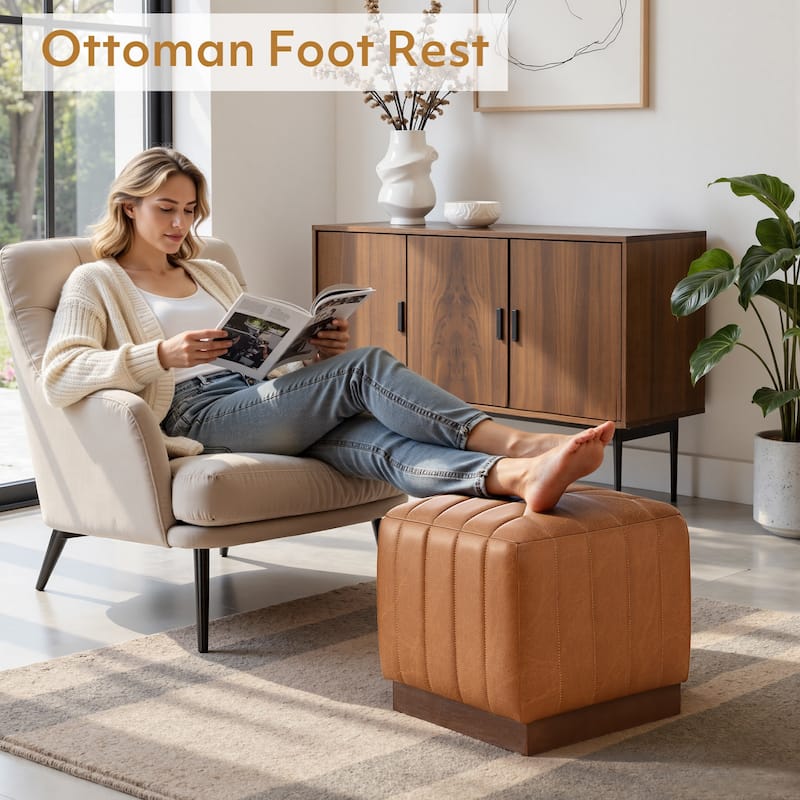 Tufted Square Ottoman Footstool Vanity Stool Sofa Side Table with Acacia Frame