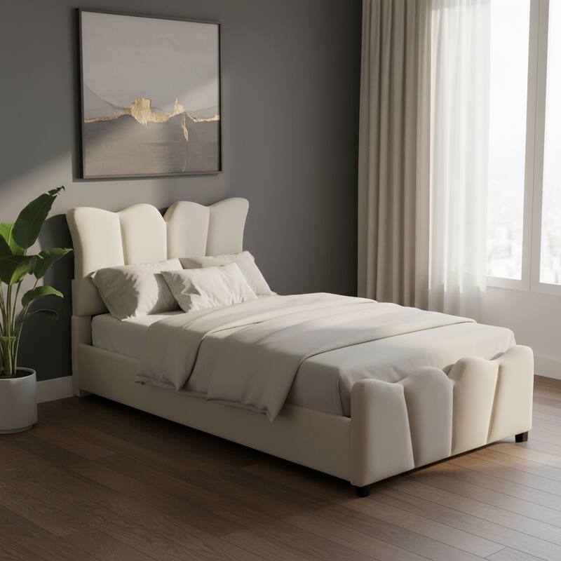 HomeRoots Beige Tufted Velvet Upholstered Twin Bed Frame - Twin