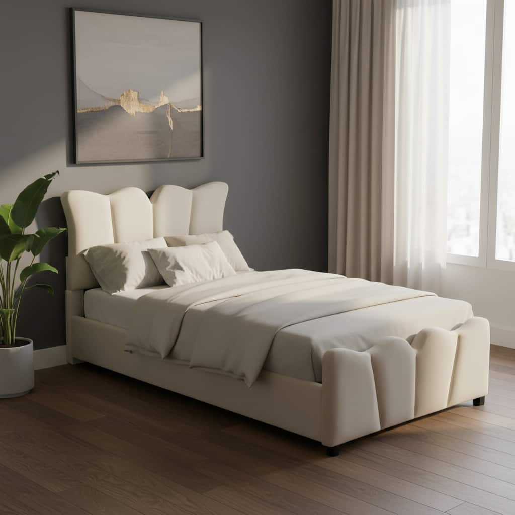 HomeRoots Beige Tufted Velvet Upholstered Twin Bed Frame