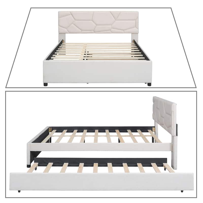 Modern Stylish Linen Fabric Upholstered Platform Bed with Trundle Bed