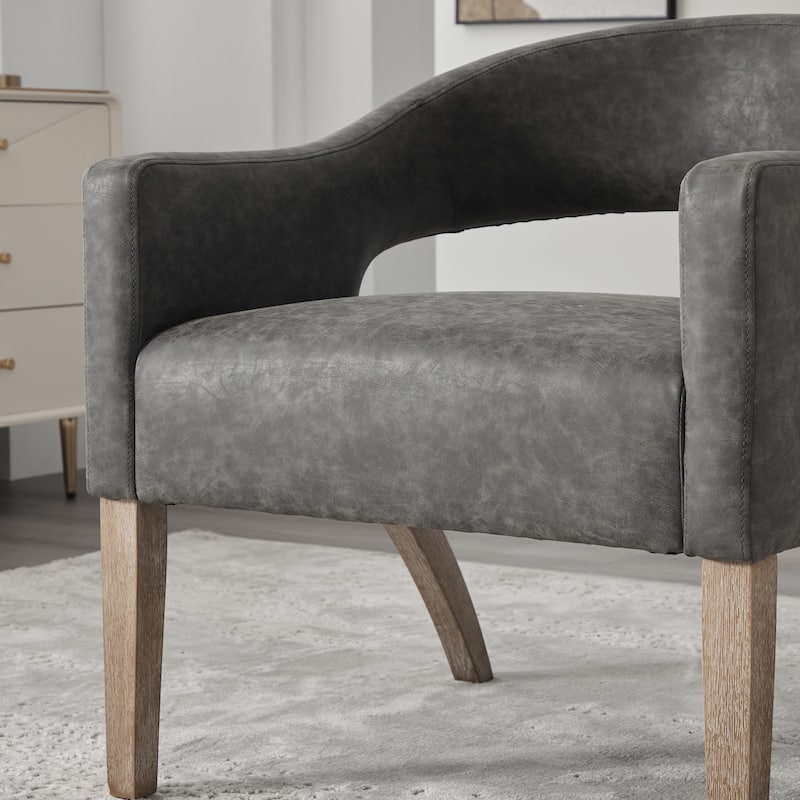 Modern Upholstered PU Open Back Accent Armchair Barrel Dining Chair with Weathered Rubberwood Legs, Hollow-Out Side Club Chair