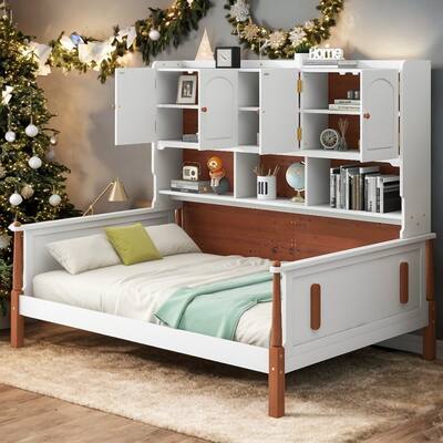 White Walnut Wood Twin Size Platform Bed Daybed with Multiple Storage