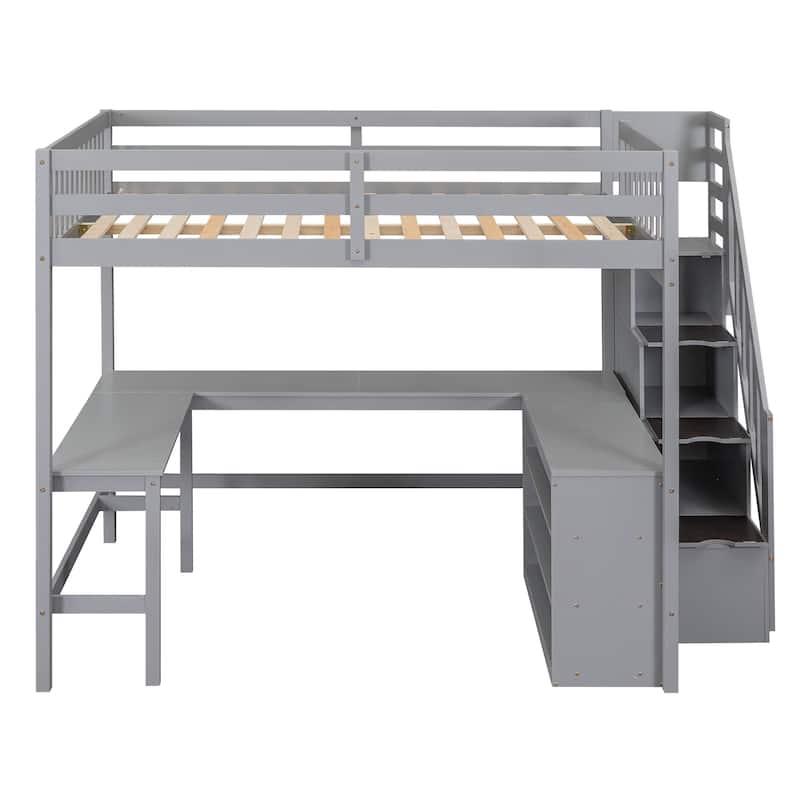 Full Pine Wood Loft Bed with L-Shaped Desk