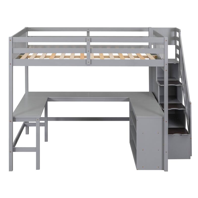 Full Size Pine Wood Loft Bed with Built-in L-Shaped Desk and Three-Tier Storage Shelves, and Attached Storage Staircase