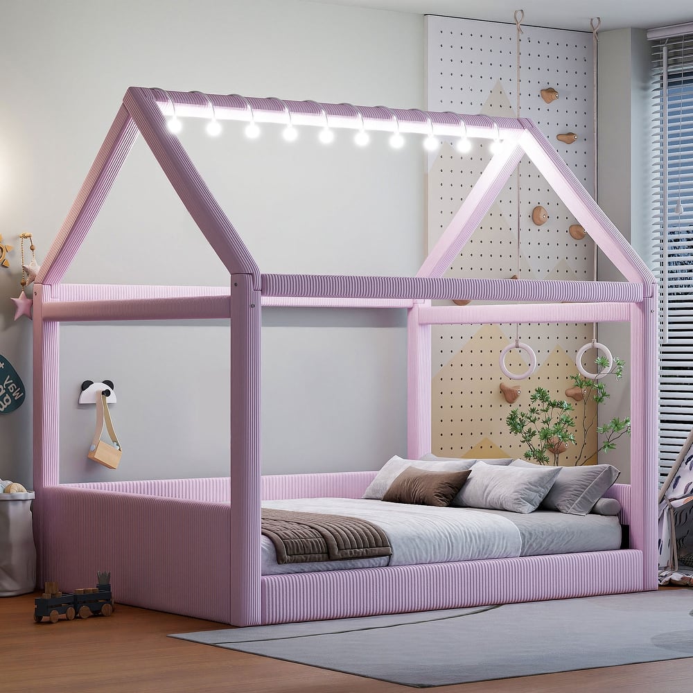Full Size Upholstered Bed Frame Floor Daybed House Bed with House Roof LED Light Strips and Wood Slat Support for Childrens Room