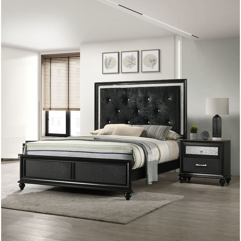 Luxury 1pc Glam 2-Drawer Nightstand End Table Shimmering Accents Bedroom Solid Wood Wooden Furniture - Black