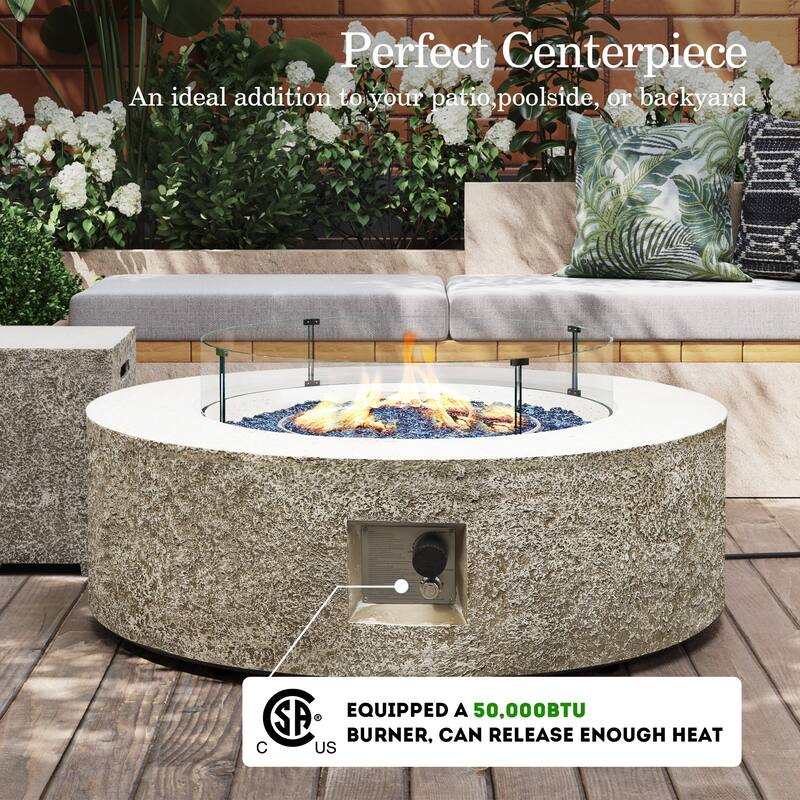 Patio Watcher 42in. Outdoor Round Magnesium Oxide Fire Pit Table with Gas Tank Cover and Wind Guard