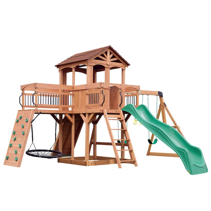 Backyard Discovery Sterling Point Cedar Wood Swing Set, Slide, Bridge - 20'5" x 16'9" - Brown - Swing Set - 20'5" x 16'9" - Kids