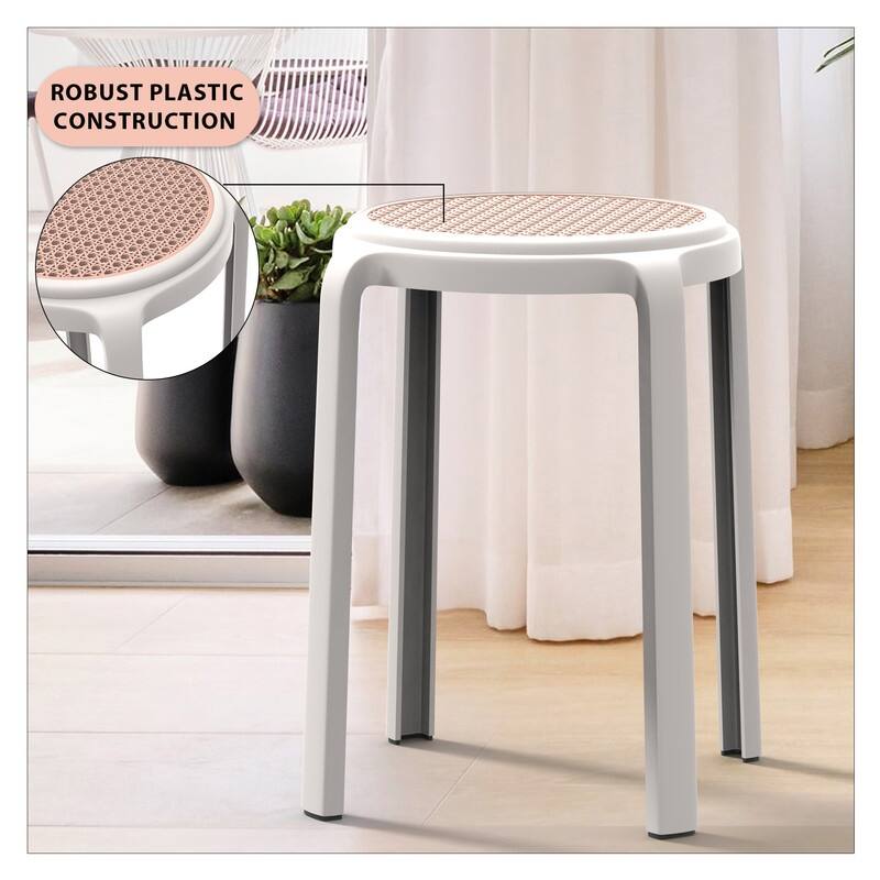 Round Plastic Dining Stool with Wicker Top Tresse Series by LeisureMod - 17.7" H x 13.4" W x 13.4" D