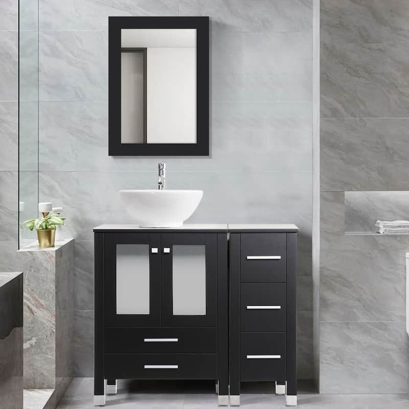 36" Bathroom Vanity with Sink Set Side Cabinet - Black - B-Ceramic round sink