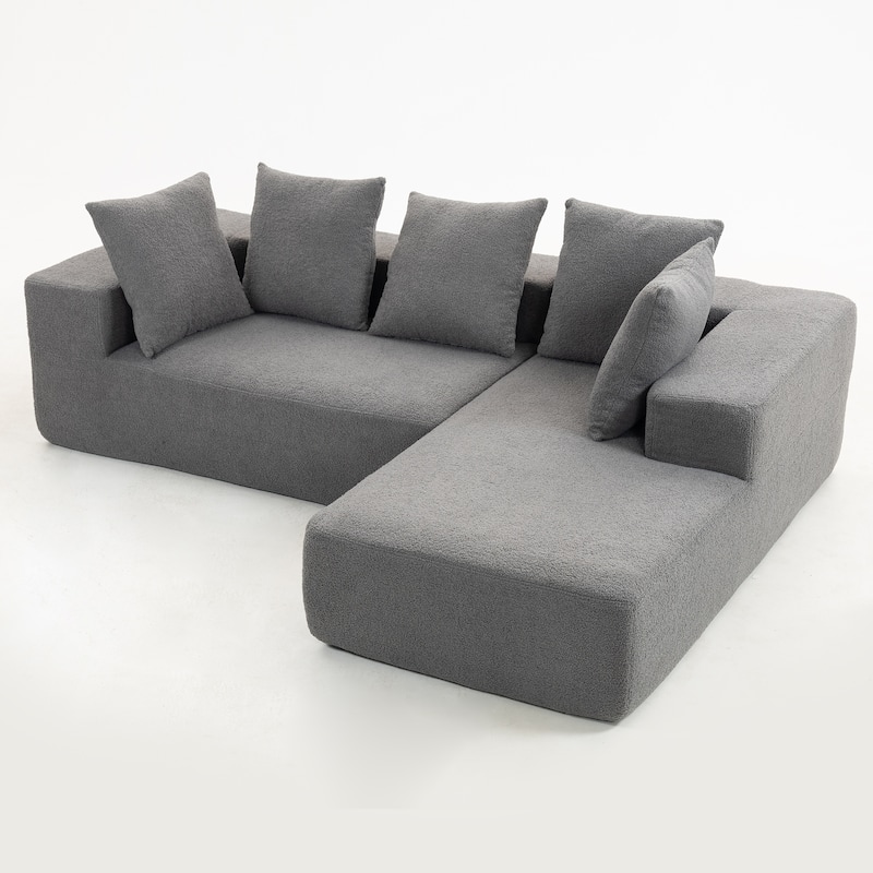 L-Shaped Modular Sectional Sofa, Full Foam Compressed Deep Seat Sofa, Upholstered Corner Sofa with 5 Throw Pillows