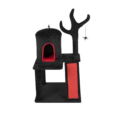 42" Gothic Cat Tree with Red Black Condo and Sisal Scratching Posts Ladder and Spider Toy