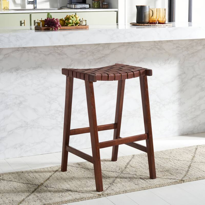 SAFAVIEH Remzija 30-inch Woven Leather Rectangle Bar Stool - 20" W x 19" D x 30" H - Cognac/Walnut