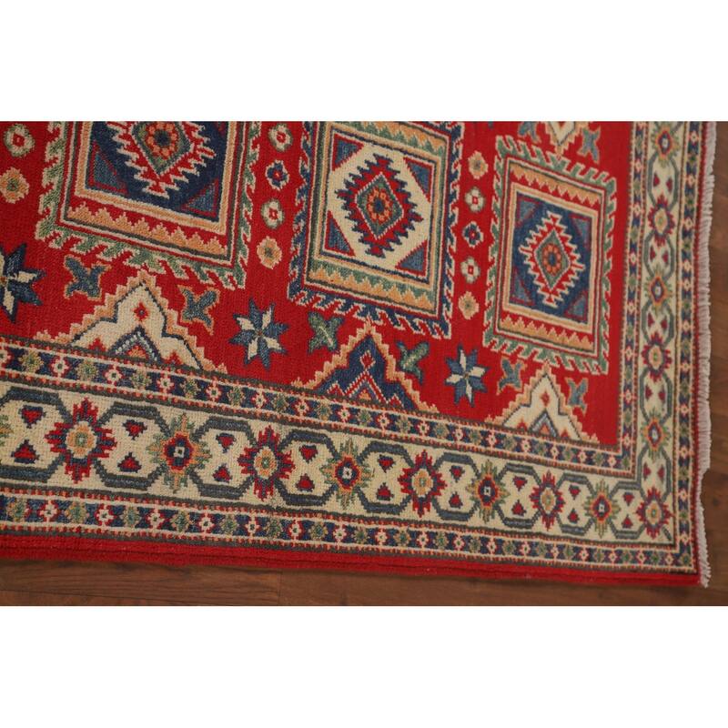 Geometric Kazak Runner Rug Hand-Knotted Red Wool Carpet - 2'9" x 9'4"