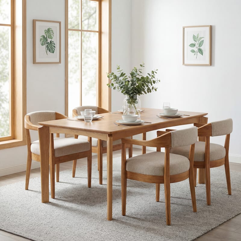 Christopher Knight Home - Mid-Century 5-Piece Set Wood Rectangular Dining Table Set with 4 Upholstered Arm Chairs - Light Brown+Beige 