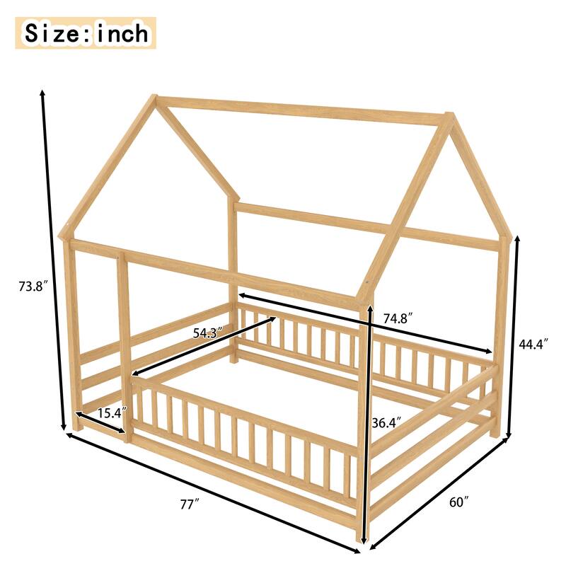 Wooden House Frame Floor Bed with Roof, Fence Guardrails, Pine Wood Kids Platform Bed for Bedroom