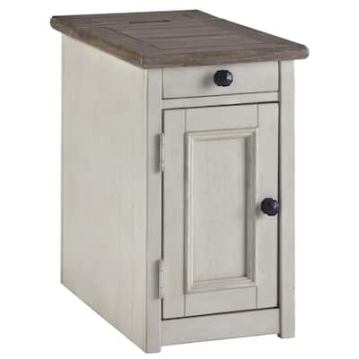14 in. White and Brown Rectangle Wood End Table with 1 Cabinet and Pull Out Tray
