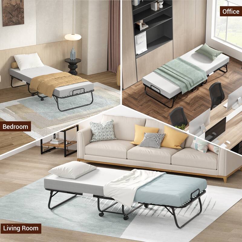 Folding Bed with 5 Inch Memory Foam Mattress, Small Single Bed Extra Guest Bed with Wheel