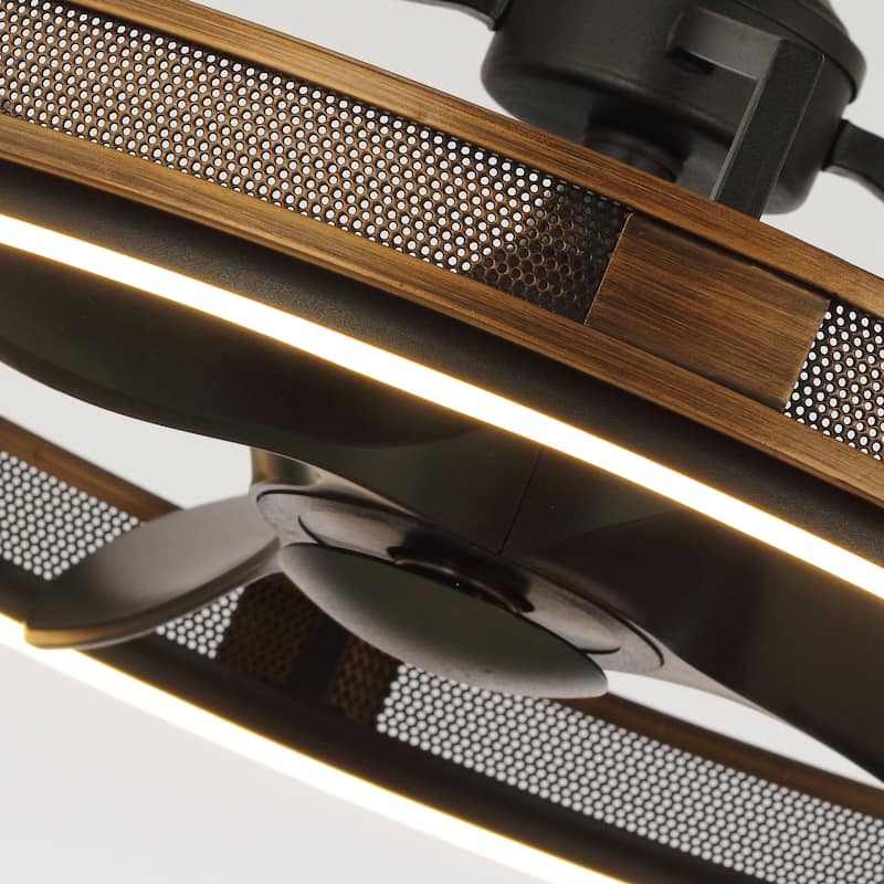 27-inch Industrial Bronze Mesh Caged Bladeless Ceiling Fan with LED Light and Remote