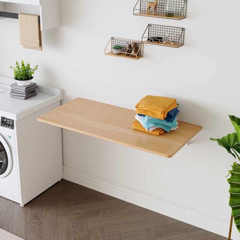 Versatile Folding Side Table Wall Mounted Magazine Holder Workbench Fold Down Desk with Smooth Rounded Corners and Wood Grain - Natural