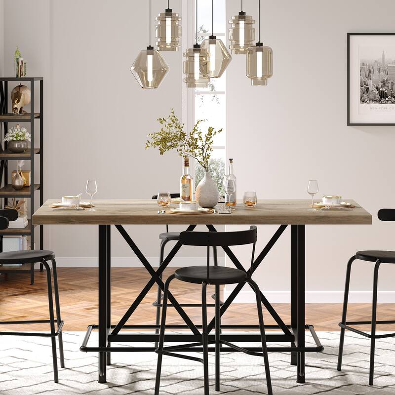 63" Long Wood Dining Table for 4-6 People, Farmhouse Dinner Table with Thick Tabletop, Kitchen Table with Footrest