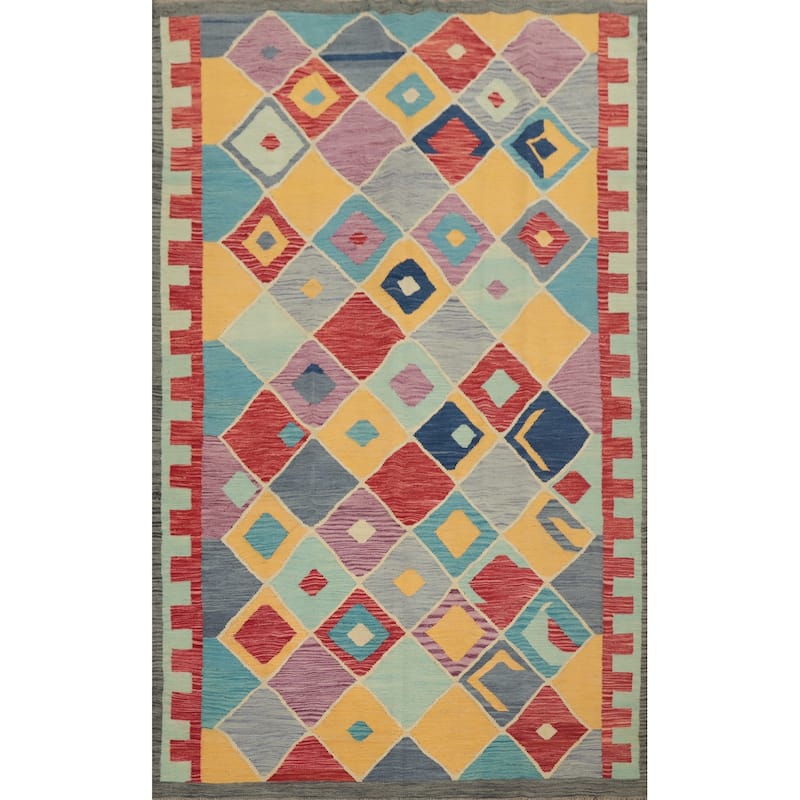 Hand Woven Oriental 100% Wool Carpet Southwestern Tribal Multi-Colored Kilim Area Rug - 8' 4'' X 5' 11''