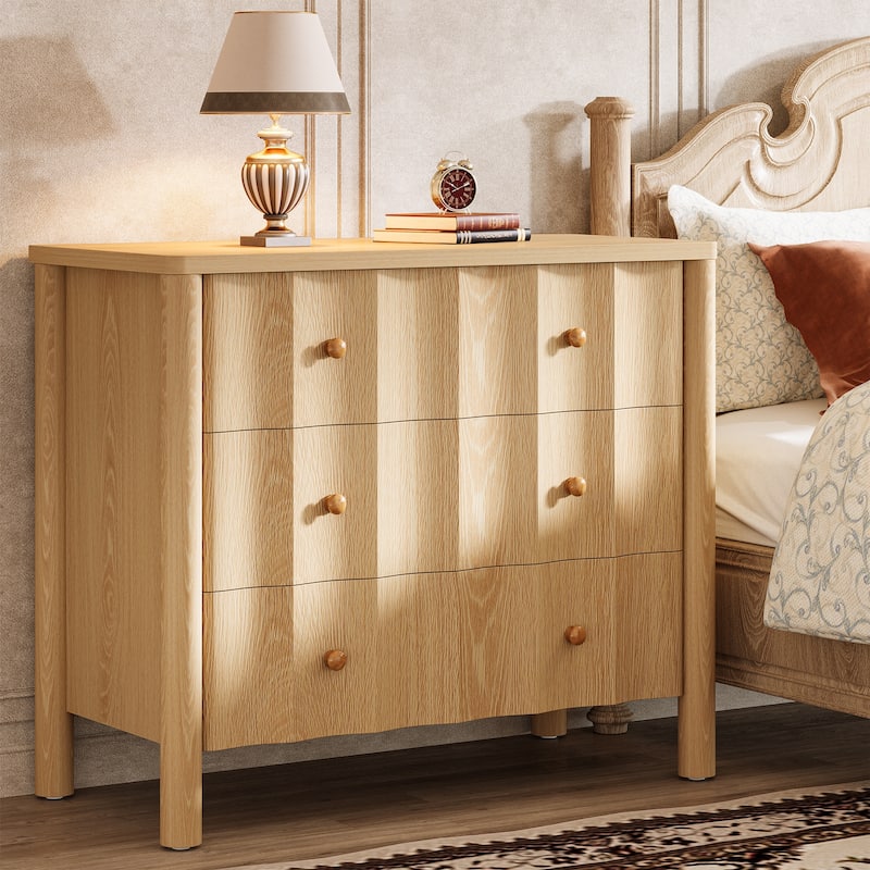 Wood Nightstand with 3 Drawers, Modern Large Night Stand