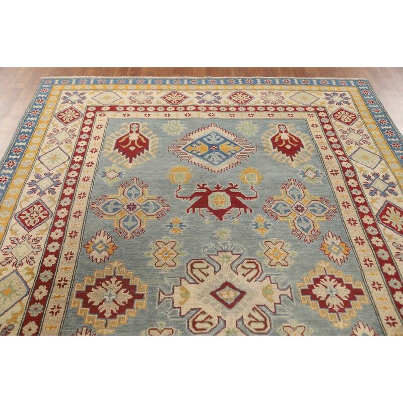 Geometric Kazak Area Rug Handmade Oriental Blue Wool Carpet - 6'7" x 9'10"