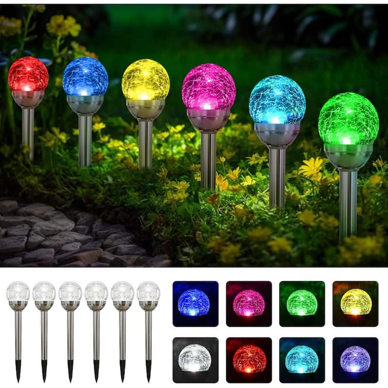 6 Pack Multi-Color Changing&White 2 Modes Solar Powered Glass Ball Garden Lights