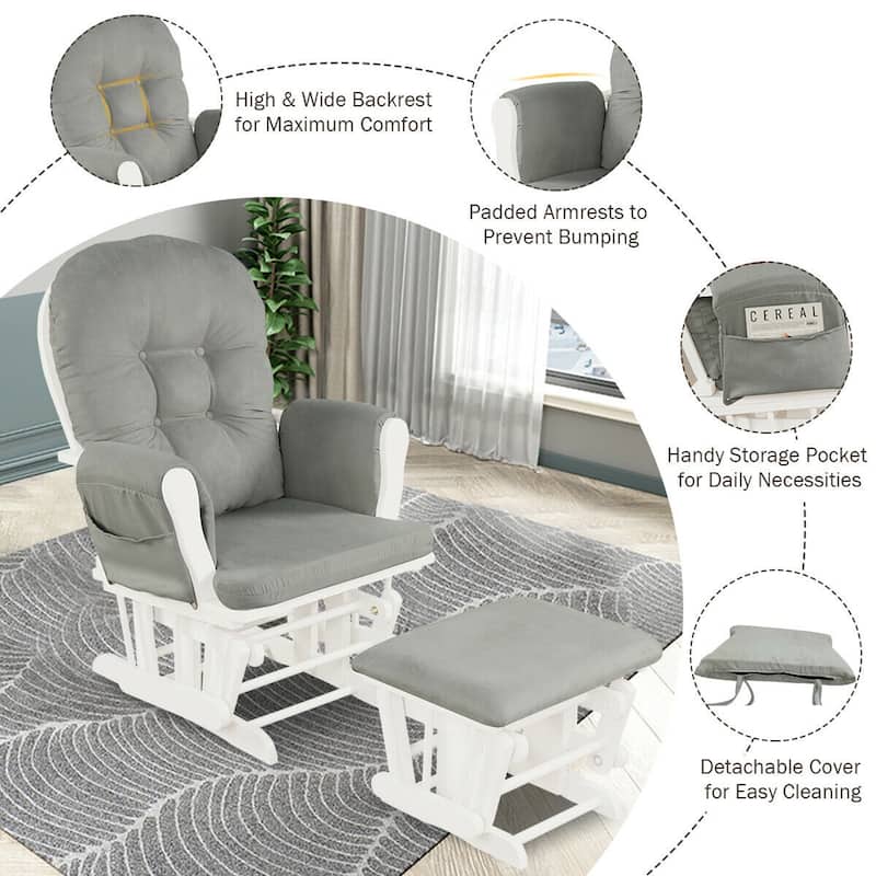 Gymax Glider and Ottoman Cushion Set Wood Baby Nursery Rocking Chair