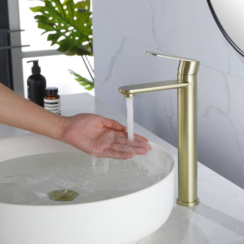 Single Hole Bathroom Vessel Faucet 1 Handle Bathroom Vessel Sink Faucet Modern Basin Vanity High Tall Taps Not Included Drain - Brushed Gold