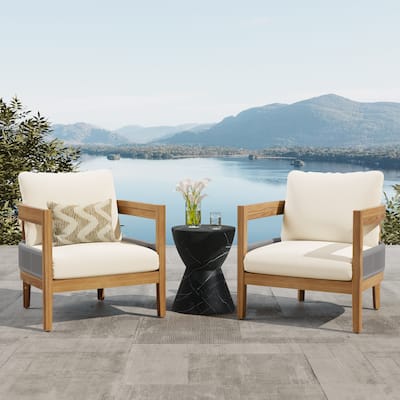Roomfitters Porto Outdoor Club Chair with Cushion, Acacia Wood Frame, Patio Lounge Seating, Teak + Beige