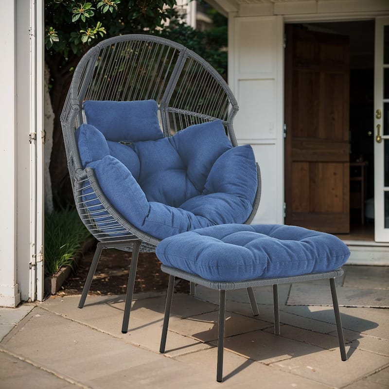 Outdoor Wicker Egg Chair with Ottoman Blue Cushion - Grey - Grey - Blue